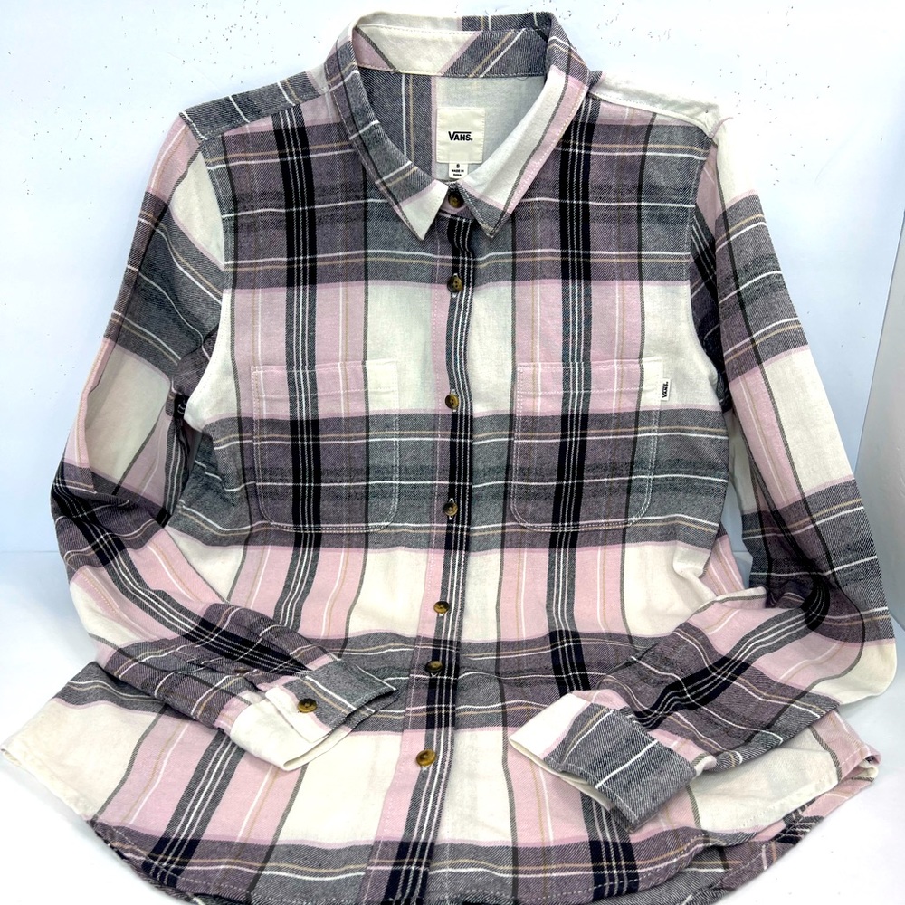 VANS, SMALL (S), FLANNEL LADIES LONG SLEVES SHIRT, BEIGE BASE GREY GREEN LINES